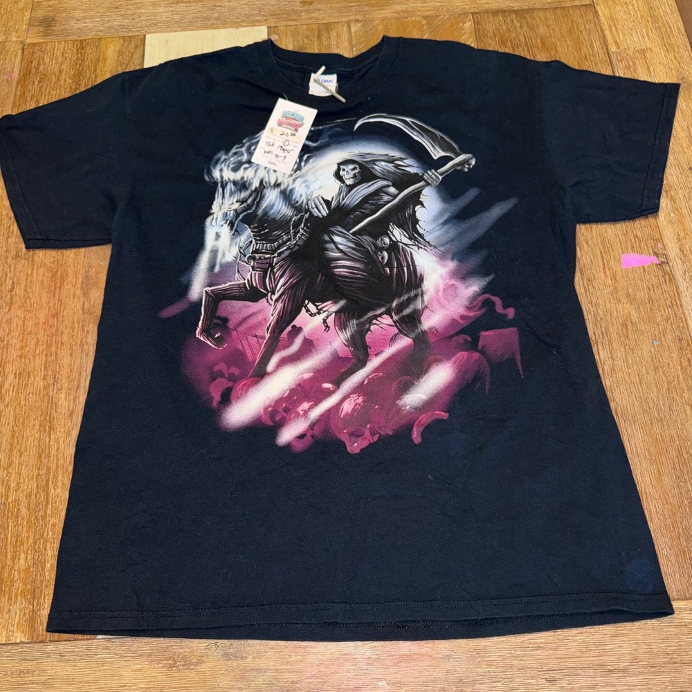 Gildan Graphic Tee Mens L Black Excellent Grim Reaper Skeletal Horse Skulls